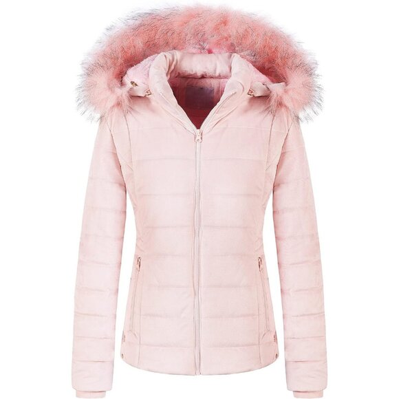 Jackets & Blazers - Women's Pink Velvet Puffer Jackets Coat Faux Fur Lining Winter Removable Hood